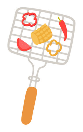 Frying vegetables on grill grid in flat design. Dinner at barbecue grate. Vector illustration isolated.のイラスト素材