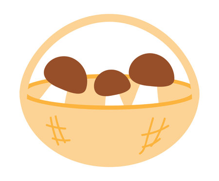 Forest mushrooms in basket in flat design. Autumn harvest at hiking picnic. Vector illustration isolated.のイラスト素材