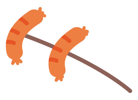 Picnic sausages on stick in flat design. Cooking food at campsite fire. Vector illustration isolated.のイラスト素材