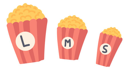 Popcorn buckets in flat design. Cinema snack in different size paper cups. Vector illustration isolated.のイラスト素材