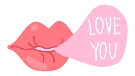 Female lips with Love you text in flat design. Romantic flirting message. Vector illustration isolated.のイラスト素材