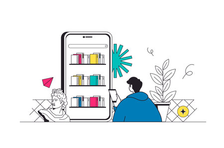 Online reading outline web concept in modern flat line design. Man reading books in mobile app, managing digital books at virtual shelves and storing at mobile phone application. Vector illustrationのイラスト素材
