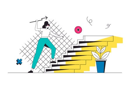 Career opportunity outline web concept in modern flat line design. Businesswoman climbing at job staircase, finding new directions and solutions, achieving professional goals. Vector illustrationのイラスト素材