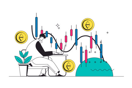 Crypto market outline web concept in modern flat line design. Man analyzing cryptocurrency graphs, trading coins with different financial stock index.Trader earning money online. Vector illustrationのイラスト素材