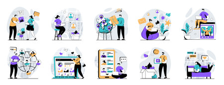 Social network web concept with people scenes mega set in flat design. Bundle of character...