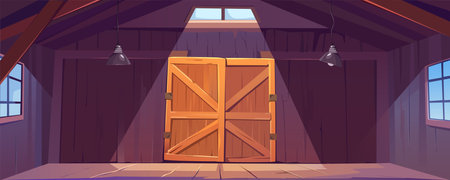 Wooden storehouse or barn interior background banner for game design. Storage room inside or rustic shed with big closed gates, windows, hanging lamp lights, wood ceiling. Vector cartoon illustrationのイラスト素材