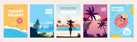 Summer sale cover brochure set in trendy flat design. Summertime banner templates with exotic ocean beach, yacht swimming, woman in swimsuit at resort, palm trees in sunset. Vector illustration.のイラスト素材