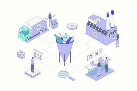 Waste management isometric concept in outline isometry design for web. People collecting disposal garbage, reduce plastic using, separating garbage for recycling factory process. Vector illustration.のイラスト素材