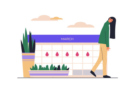 Critical days web concept with people scene in flat design. Woman takes care herself in her menstrual period, marks dates on calendar with drops. Vector illustration with character situation for webのイラスト素材