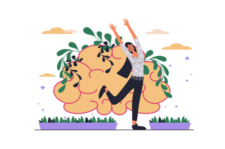 Mental health web concept with people scene in flat design. Happy woman supporting herself, thinks positively and calm, taking care of brain. Vector illustration with character situation for webのイラスト素材