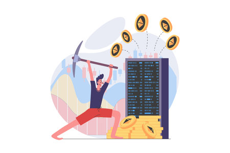 Cryptocurrency mining concept in modern flat design for web. Man miner with pick works with digital farm, gets different crypto money at wallet, selling coins at marketplace. Vector illustration.のイラスト素材