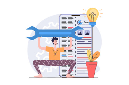 SEO optimization concept in modern flat design for web. Man analyzing search data, improving page traffic, brainstorming process, making settings and maintenance with wrench. Vector illustration.のイラスト素材