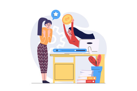 Video marketing concept in modern flat design for web. Woman creating video content and posting in online blog, doing internet promotion, getting monetization and earning finance. Vector illustration.のイラスト素材