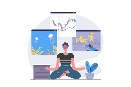 Virtual reality concept in modern flat design for web. Man in VR headset paying shooter game and online aquarium, working with data graph analysis on augmented screens simulation. Vector illustration.のイラスト素材