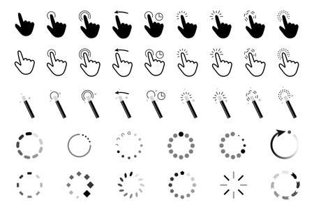 Computer cursors mega set elements in flat graphic design. Bundle objects of navigation symbols, click finger hands, wands, circles and arrows for pointer, choice, downloading. Vector illustration.のイラスト素材