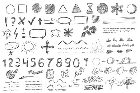 Geometric shapes mega set elements in hand drawn flat graphic design. Bundle objects of circles, squares, triangles, flowers, marks, cross, tick, arrows, speech bubble and other. Vector illustration.のイラスト素材