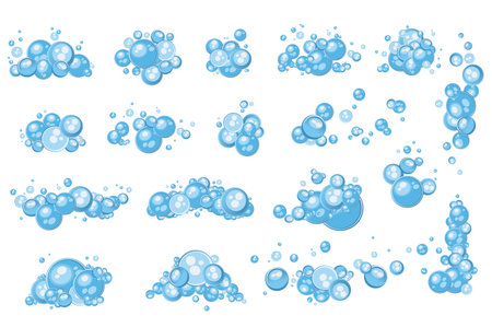 Blue soap bubbles mega set elements in flat graphic design. Bundle objects of different shape balls...