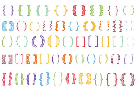 Shaded text brackets mega set elements in flat graphic design. Bundle objects of colorful scribble parenthesis, calligraphic quote frames with ornaments, doodle lettering frames. Vector illustration.のイラスト素材