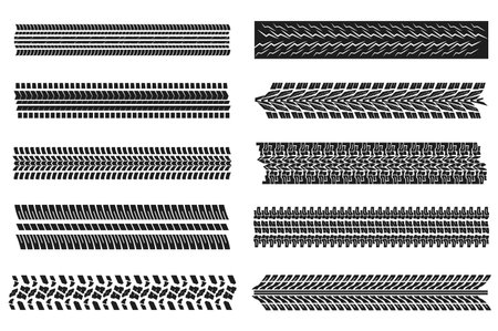 Tire tracks mega set elements in flat graphic design. Bundle objects of black machinery protectors prints with different patterns, automobile road trail texture, vehicle stamps. Vector illustration.のイラスト素材