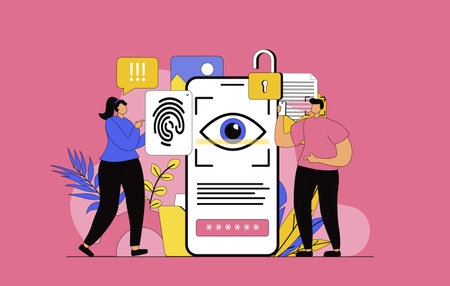 Biometric access control concept with modern flat design for web. Woman and man unlocking mobile phone using fingerprint scanner and eye recognition. Personal data protection. Vector illustration.のイラスト素材