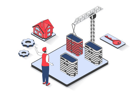 Real estate 3d isometric concept with isometry people design for web. Man working at construction site, building new suburb residential houses and skyscraper apartments for sales. Vector illustration.のイラスト素材