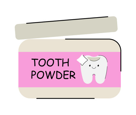 Tooth powder toothpaste container with a flat vector illustration of a cute tooth character and pink background. Ideal for dental hygiene promotions and educational materials.のイラスト素材