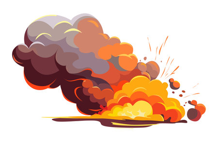 Explosion vector illustration with thick smoke in orange and yellow flames a vibrant flat vector illustration depicting the powerful explosion with billowing smoke and flamesのイラスト素材