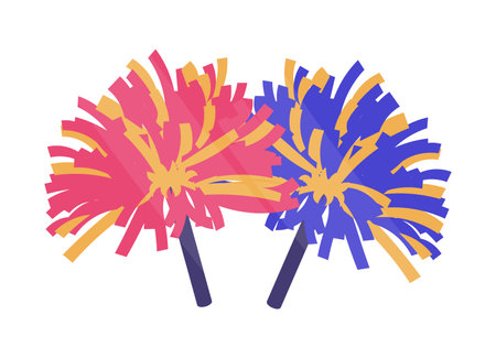 Two colorful pom poms representing cheerleading accessories in a flat vector illustration. One pom pom is pink and yellow while the other is blue and yellow.のイラスト素材