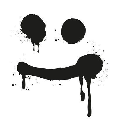 An abstract black ink smiley face with ink splatter effect flat vector illustration This design features a smiley face created from black ink splotches and dripsのイラスト素材