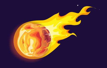 A beautiful flat vector illustration of a meteor shooting through a dark space background leaving behind bright fiery tails in the night skyのイラスト素材