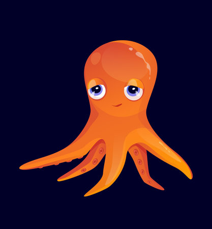 Cute flat vector illustration of an orange octopus with big eyes and a small smile floating on a dark blue background perfect for ocean marine life themed posters and decorationsのイラスト素材