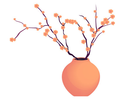 Orange vase with delicate flower branches flat vector illustration vibrant arrangement of flowers in an orange vase captured in a minimalist flat vector designのイラスト素材