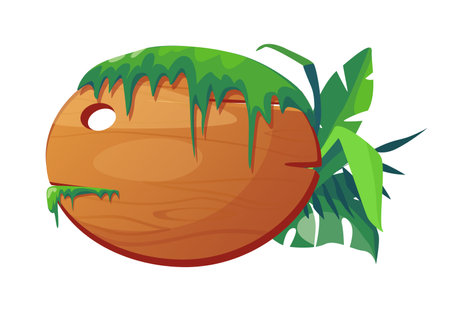 This flat vector illustration depicts a round wooden sign with green moss growing on top A piece of lush tropical vegetation enhances its natural appearance and rustic charmのイラスト素材