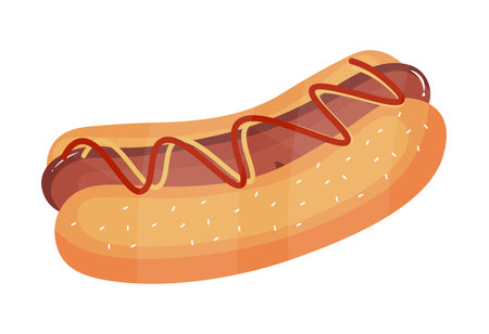 A flat vector illustration of a delicious hot dog topped with mustard and ketchup A perfect representation of a classic fast food item in a simple flat design styleのイラスト素材