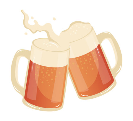 This image showcases two frothy beer glasses clinking together spilling out a bit of liquid in celebration flat vector illustrationのイラスト素材
