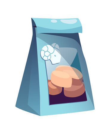 Flat vector illustration of a snack bag with round brown biscuits inside a blue package with a window showcasing the contentsのイラスト素材