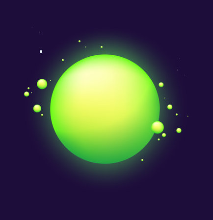A flat vector illustration of a glowing green planet in space surrounded by smaller orbiting spheres on a dark purple backgroundのイラスト素材