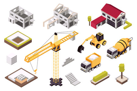 Construction 3d isometric mega set in isometry graphic design. Collection elements of buildings, suburb house, foundation, crane, bricks, excavator, concrete mixer, truck, other. Vector illustration.のイラスト素材