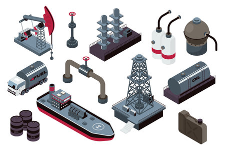 Oil production 3d isometric mega set in isometry graphic design. Collection elements of oil rig, pump, valve pipe, barrels, fuel truck, tanker ship, canister storage and other. Vector illustration.のイラスト素材