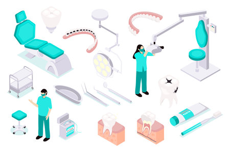 Stomatology 3d isometric mega set in isometry graphic design. Collection elements of patient chair, braces, dentures, lamp, tools, examination mirror, dentist, toothbrush, other. Vector illustration.のイラスト素材
