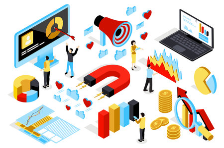 Marketing strategy 3d isometric mega set in isometry graphic design. Collection elements of data analysis, charts, target, megaphone, laptop, statistics, magnet, content, other. Vector illustration.のイラスト素材