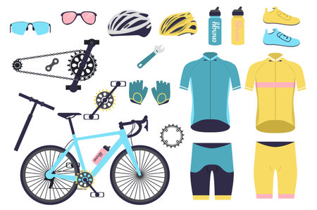 Mountain bike parts set elements in flat graphic design. Bundle objects of bicycle, vehicle components and accessories, glasses, helmet, water bottles, bicyclist sportwear, other. Vector illustration.のイラスト素材
