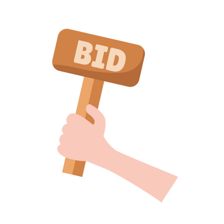 Hand with bid at auction in flat design. Buyer trading at art museum. Vector illustration isolated.のイラスト素材