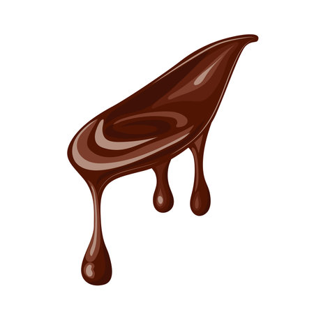 Chocolate melting in flat design. Dark cocoa liquid with droplets falling. Vector illustration isolated.のイラスト素材