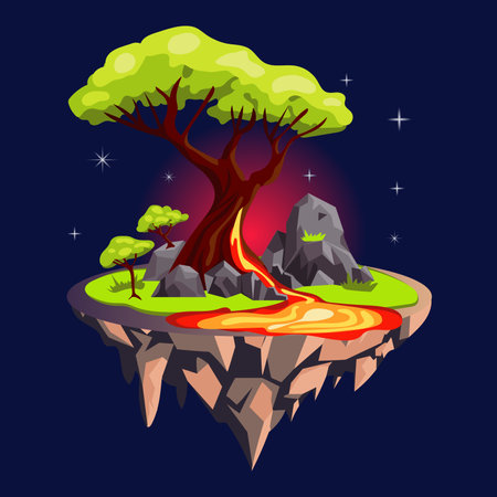 Gaming fantasy island in flat design. Platform with forest tree and lava river. Vector illustration isolated.のイラスト素材