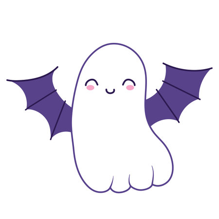 Halloween cute ghost in flat design. Funny spirit with vampire bat wings. Vector illustration isolated.のイラスト素材