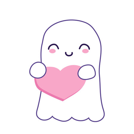 Halloween cute ghost in flat design. Lovely spirit holding heart sign. Vector illustration isolated.のイラスト素材