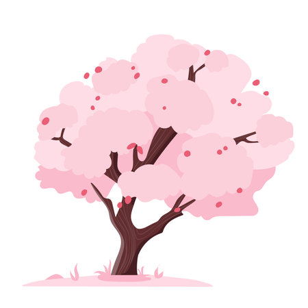 Sakura tree blooming in flat design. Japanese spring cherry blossoms. Vector illustration isolated.のイラスト素材