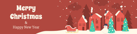 Merry Christmas banner design. Xmas party invitation template with winter snow city with cute red houses and festive fir trees with toys, Santa Claus sleigh and happy snowman. Vector illustration.のイラスト素材
