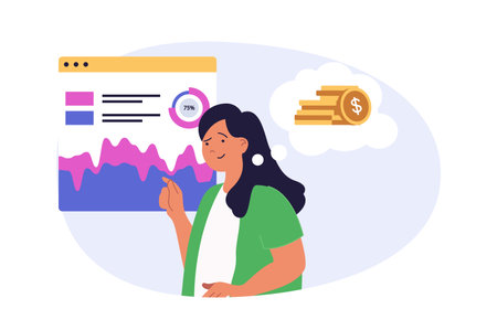 Digital business concept in modern flat design for web. Woman analyzing financial graph and sales chart, improving strategy, using marketing tools for promotion online company. Vector illustration.のイラスト素材